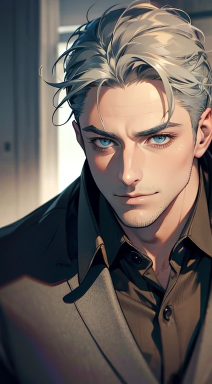 (best quality,4k,8k,highres,masterpiece:1.2),ultra-detailed,(realistic,photorealistic,photo-realistic:1.37),1 man,31 years old,mature man,very handsome,without expression,smile,short grey green hair,blue eyes,penetrating gaze,perfect face without errors,imposing posture,businessman,office background,cinematic lighting,hdr image