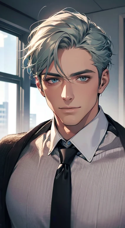 (best quality,4k,8k,highres,masterpiece:1.2),ultra-detailed,(realistic,photorealistic,photo-realistic:1.37),1 man,31 years old,mature man,very handsome,without expression,smile,short grey green hair,blue eyes,penetrating gaze,perfect face without errors,imposing posture,businessman,office background,cinematic lighting,hdr image