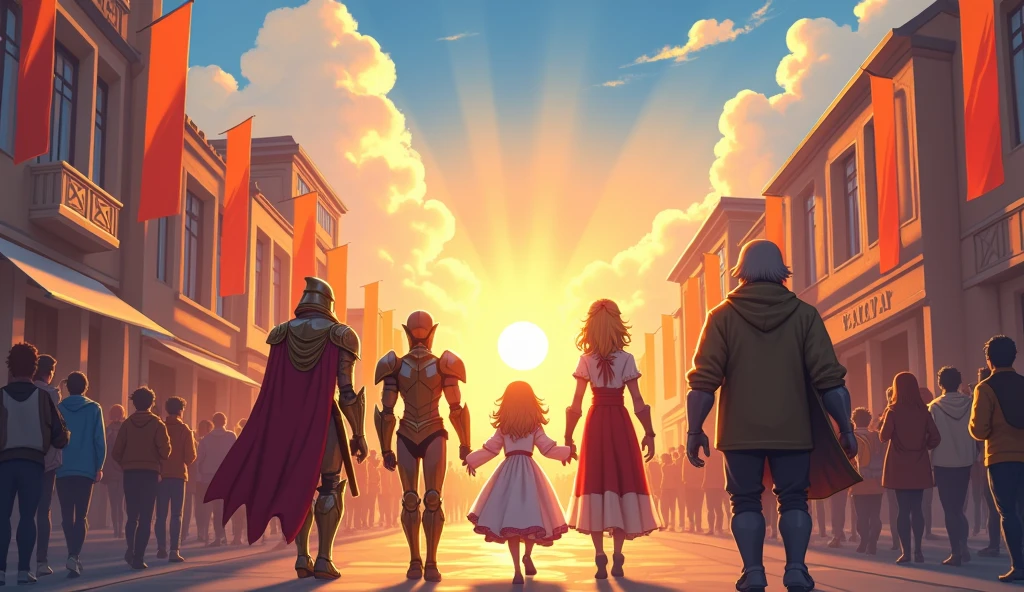 ( High quality 2D animation) morning、Departure Day、A group of brave men、A party of four: a hero, a female magician, a healer, and a shieldman.、Departure from the capital、Supported by the people、Bright sunlight、excited、looks fun、Looking forward to the adventures ahead、fanfare、Anime style illustrations