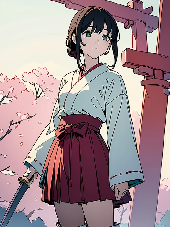 ((((masterpiece, Best Quality, Ultra-high resolution、Best illustrations))))、(White Background)、Portraits、Character portrait、anime、A highly concentrated individual、(Very delicate and cute face)、(Sparkling Eyes)、A beautiful 18-year-old shrine maiden girl stands alone、smile、Red cheeks、Medium length black hair、Clean green eyes、Long red hakama、Knee-high boots、He is wearing a wooden sword at his waist.、Standing straight, facing slightly ahead.、((Perfect hands))、
