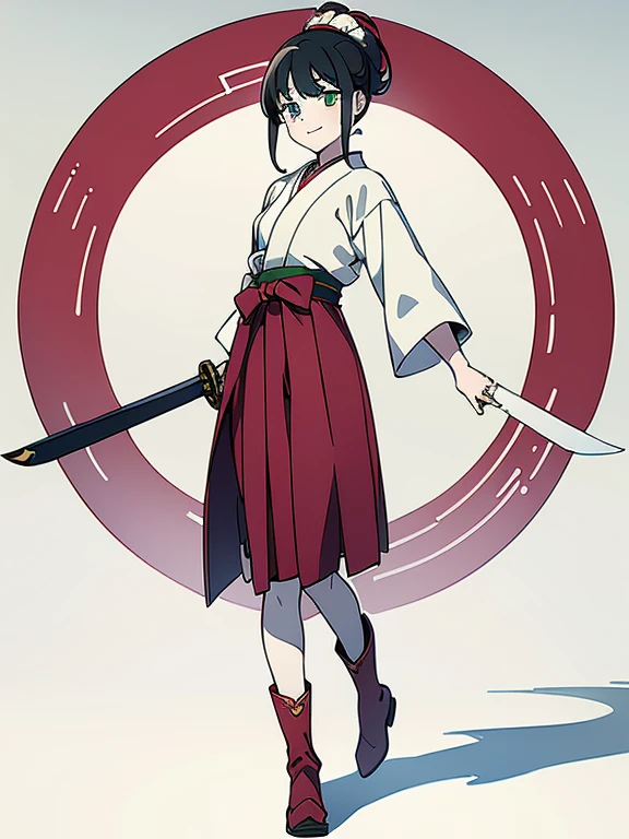 ((((masterpiece, Best Quality, Ultra-high resolution、Best illustrations))))、(White Background)、Portraits、Character portrait、anime、A highly concentrated individual、(Very delicate and cute face)、(Sparkling Eyes)、A beautiful 18-year-old shrine maiden girl stands alone、smile、Red cheeks、Medium length black hair、Clean green eyes、Long red hakama、Knee-high boots、He is wearing a wooden sword at his waist.、Standing straight, facing slightly ahead.、((Perfect hands))、