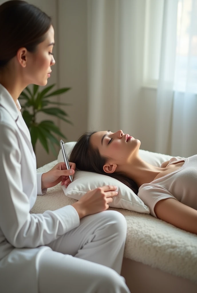 person receiving therapy, lying on a stretcher, therapist holding a silver pen, without a tip, horizontal photo