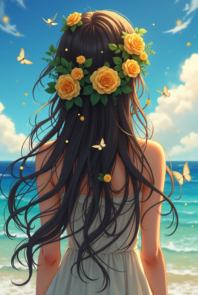 A young woman with dark brown hair leaning back, with long anime hair, and tangled in her hair are yellow roses, a plane, butterflies, and mixed with ocean waves.