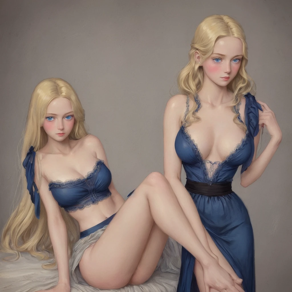 5 girls, long blonde hair, blue eyes, 1930s european style, upper body photo, 18 years old, big breasts, beautiful legs, shoulderless crop top and skirt, delicate eyes, delicate lips, extremely detailed face, long eyelashes, elegant, beautiful, charming, exquisite, realism, 8k, best quality, masterpiece, shy look, anatomically correct, accurate, high detail, very long hair, blushing, model