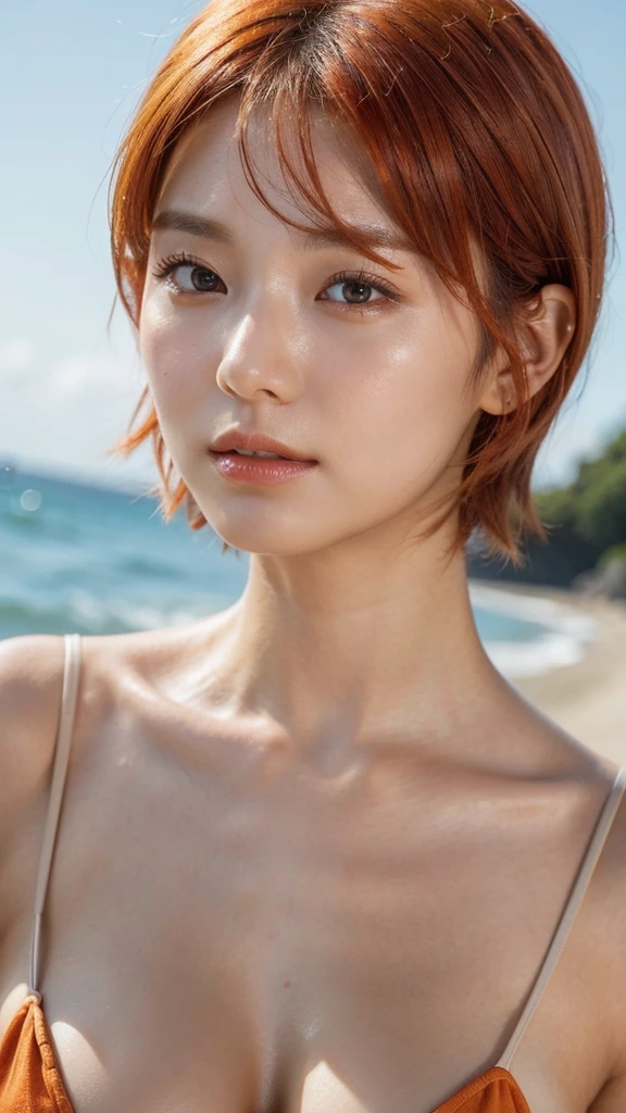 Model actress、One Woman、cool、Japanese and half European、Close-up of face、30 generation beauty、Realistic Skin、4K images、bright orange hair、Short Hair、Seaside