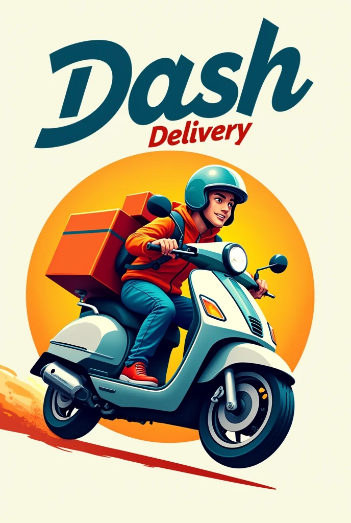 Logo of a delivery man on a motorcycle, seen from the side, going very fast to deliver his order. It should be seen from the side, more from the side, completely from the side. He's going so fast that fire is coming out. The background should be a single color, which is a delivery backpack. Now without fire, with another backpack. With only one backpack and a single color background. It should be more animated but seen from the side again. It should say 'Delivery Dash' in a good style. Better, 'Dash Delivery' in a good style.