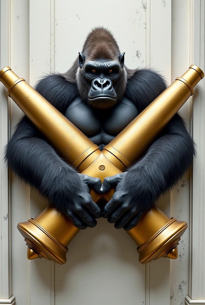 Two crossed cannons, that form the figure of a "X", behind the golden cannons there is a white background, looks like a classical greek white wall, the cannons are being held by a ferocious gorilla.