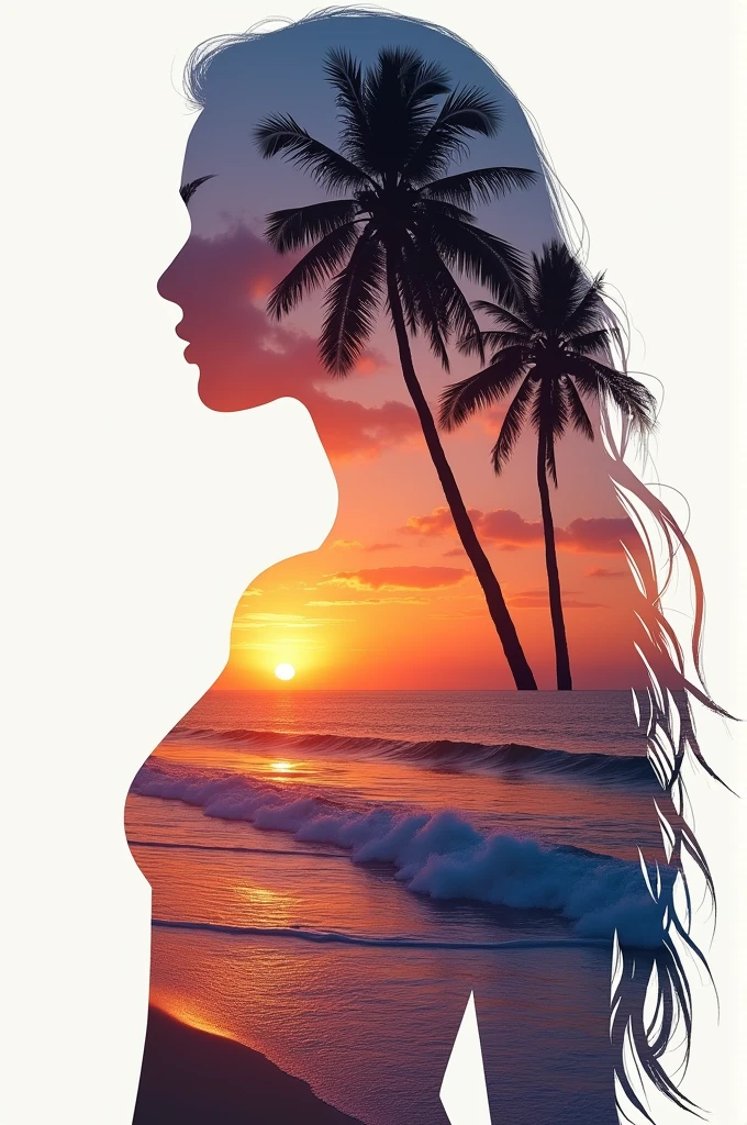 high quality, 8K Ultra HD, A beautiful double exposure that combines an goddess silhouette with sunset coast, sunset coast should serve as the underlying backdrop, with its details incorporated into the goddess , crisp lines, The background is monochrome, sharp focus, double exposure, by yukisakura, awesome full color,