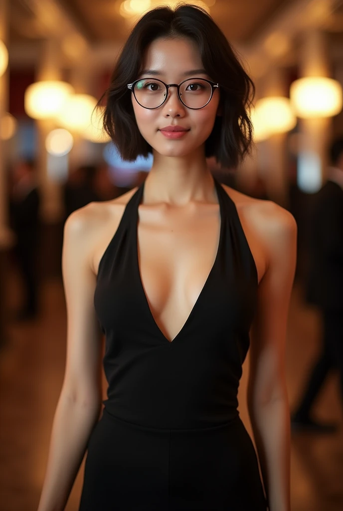 frontal head to thigh image of a  and cute chinese female around 19 years old who has a slim physique and very white skin. she is wearing a low cut and short tail dress with black leggings, showing cleavage, e, medium features, very pretty, very sensual and  and cute, wearing large round glasses and lots of make up, stunning chinese woman, beatiful chinese girl