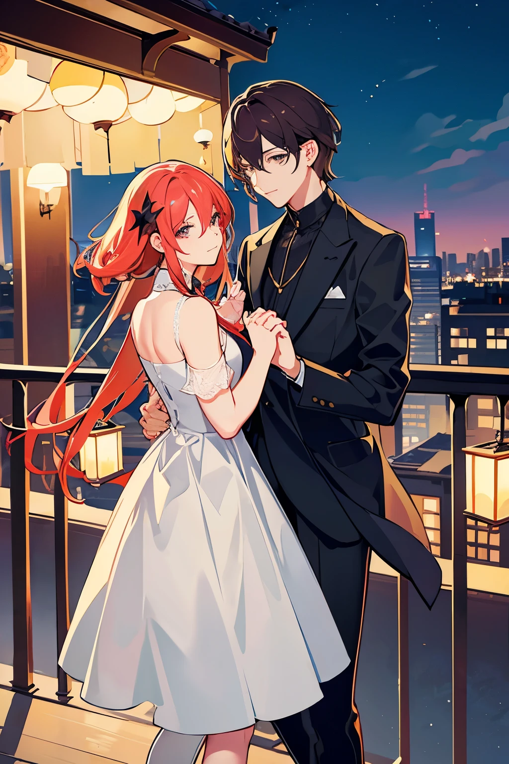 Can you make me a book cover where two people are falling in love and meeting again as doctor and patient?, One of the boys is Taehyung from BTS and the other is Jungkook from BTS, You can place them on a balcony at night , The image is facing forward, It's like they are talking but they are not close to each other, They are looking towards the front of the city and they are not looking at each other, They are casually dressed, A romantic love story between a man and a woman