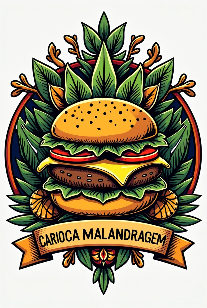 Create an artisanal burger logo with elements of malandro, umbanda, Cheap, Rio de Janeiro and Lapa, with the title of Carioca Malandragem.