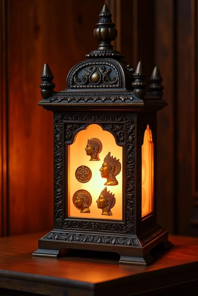 Malay carved round lamp,a square inside,there are 4 king's head coins