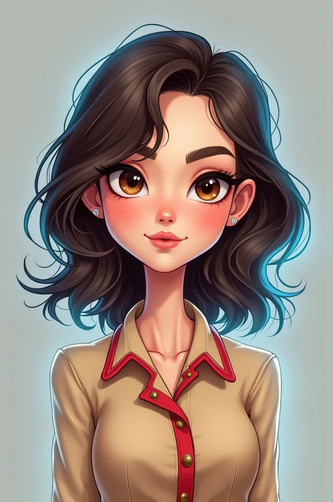 Realistik Karikatur, A woman, short shoulder length hair with slightly wavy hair and side parting like a TV presenter style,cartoon style with normal eye proportions, cute and young face shape, Light brown eye color, facial proportions, normal and not large nose proportions, brush strokes on the hair, wearing a f with a collar on the neck, light brown shirt merah, Semi-caricature result with big head and , plain grey background, blue glow art light, hair and shoulder glow art light effect