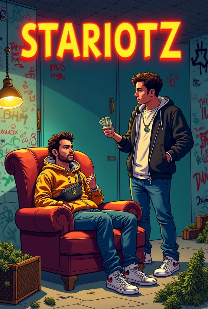 An animated cartoon picture of a person with a gucci fanny pack sitting on a chair in a basement room and next to the person are 40 kilograms of cannabis in Louis vuttion travel bags and next to the person is another person who is standing and giving the first person money and on the picture should be written in capital letters Stariotz 
