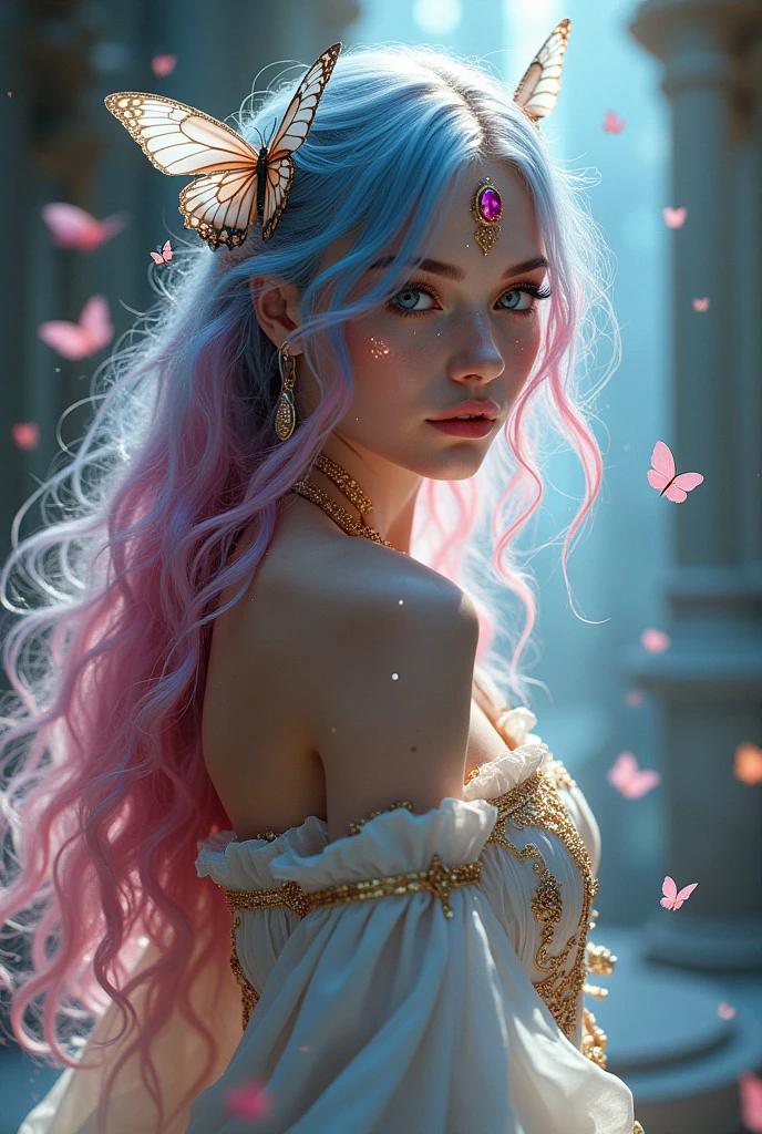 A very sexy girl with long very pink and blue hair, her skin is quite white and delicate, being covered with tattooed magic runes and a brilliant golden dust, Your eyes have heterochromia.. She wears the robes of a beautiful elegant muse and also likes to wear high heels, She is of noble origin and is the daughter of a genius. She is an adventurer and loves music, ela é uma barda e está sempre com your mandolin em mãos assim como sua bela espada, your mandolin, sword and hair are always surrounded by butterflies, She also wears a ruby ring., Your high heel is very delicate..