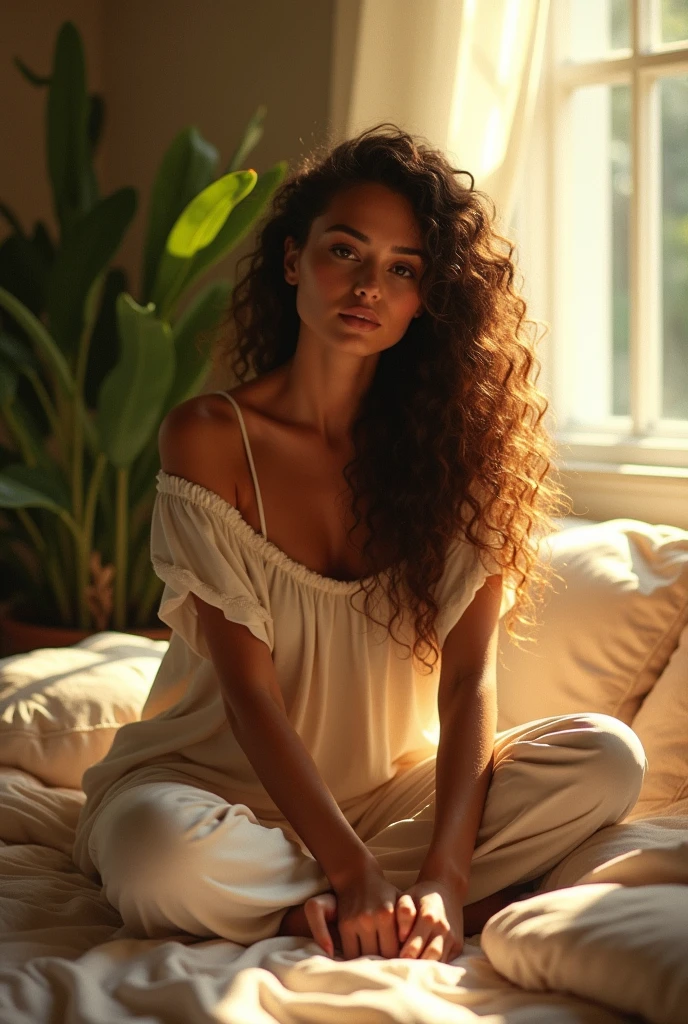 (photorealism:1.2), beautiful woman, sitting on bed, wearing loose off-shoulder top, pajama pants, long curly hair, indoors, soft lighting, plants in background, window with sunlight, cozy room, relaxed pose, realistic, intricate details, warm colors, by Greg Rutkowski, by Alphonse Mucha