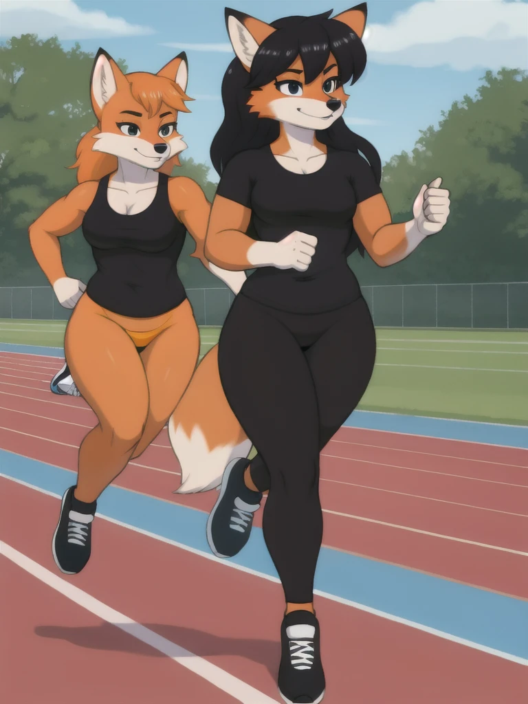 Furry, fox, female, black shirt, black leggings, shoes, running track, friends, full body