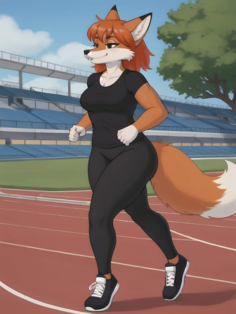 Furry, fox, female, black shirt, black leggings, shoes, running track, friends, full body