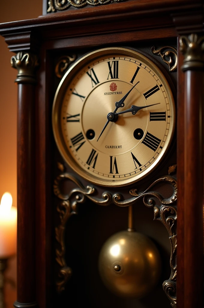 A close-up of an antique clock with intricate designs, showing the time as exactly midnight (12:00). The clock is made of dark, polished wood, and the brass pendulum is visible, frozen in mid-swing. The background is dimly lit, with flickering candlelight casting shadows.