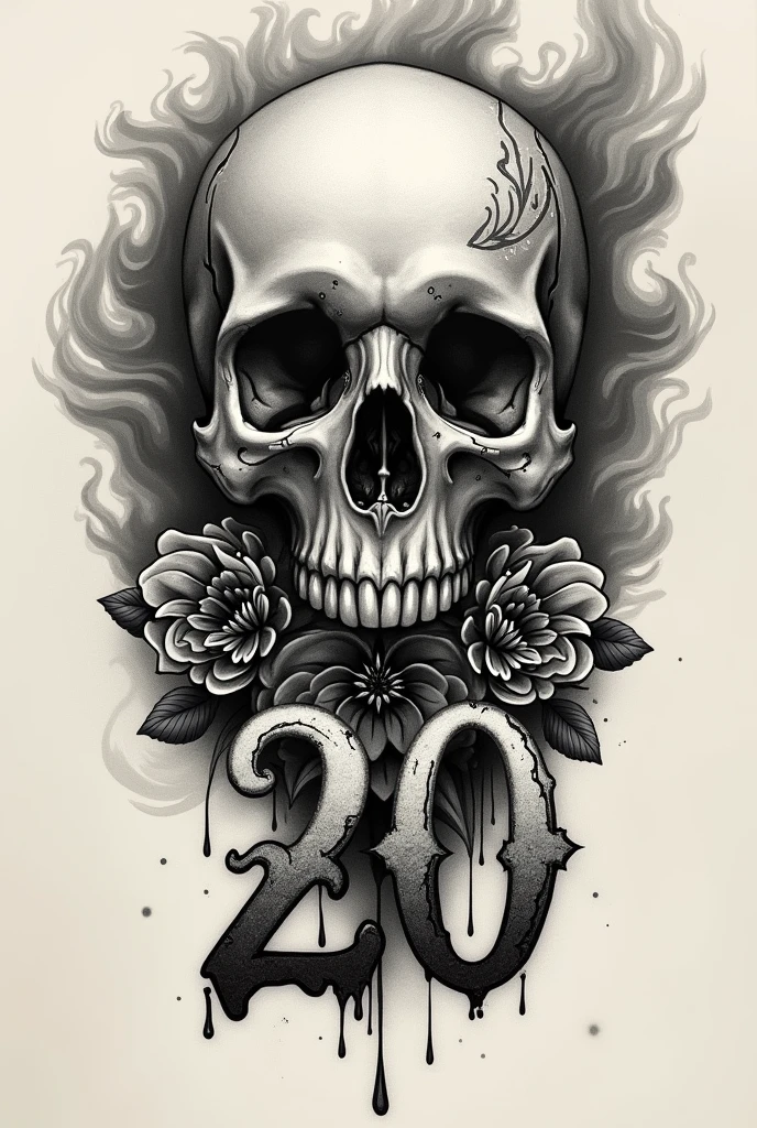 Create a tattoo design for the area below the neck that has a skull and the number 20, keeping in mind that it's a tattoo on a man.