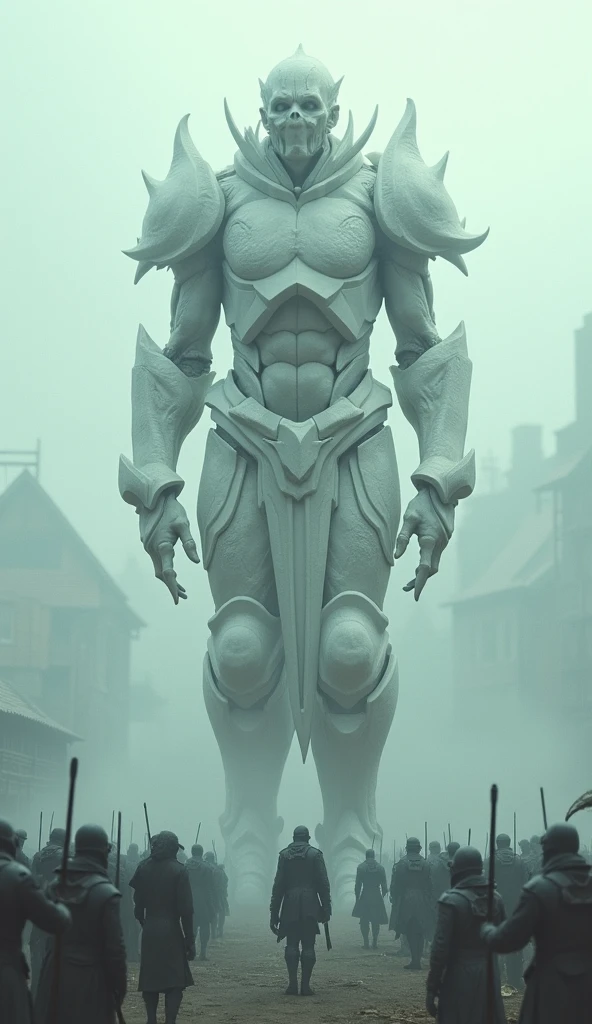 Screenshot, creature in gorgeous white battle suit - pale (lifeless), rough skin, rough textured clothes, deep wrinkles, walking among mercenaries, 5m tall creature, pure white light, detailed skin expression, aerial background above the town (realistic film lighting, 4K quality, surreal, detailed photo, film style, 35mm, rich and deep colors, masterpiece, ultra high resolution, photorealistic, 8k, surrealism, Fujifilm: 1.3), mysterious and beautiful atmosphere, gorgeous and fantastic atmosphere, fog, rough image texture, mysterious atmosphere, spiritual being (not AI image),