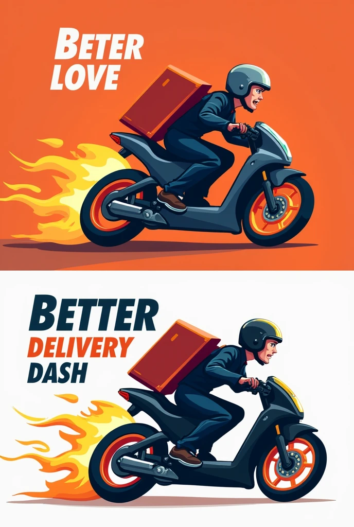 Logo of a Delivery man on a motorcycle going fast to deliver his order, seen from the side and completely side-on, even more side-on, so fast that fire comes out with a single-color background, it's a delivery backpack, now without fire, with another backpack, with a single backpack and a single-color background, it's more animated but seen from the side again and says in letters Delivery Dash with a good style, it says better Dash Delivery with a good style, it says better Delivery Dash with another style 