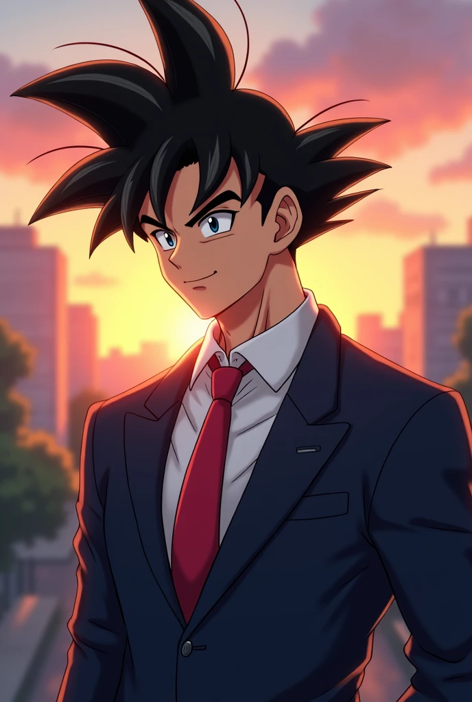 Goku with a burst fade haircut and dressed in formal wear for a profile picture