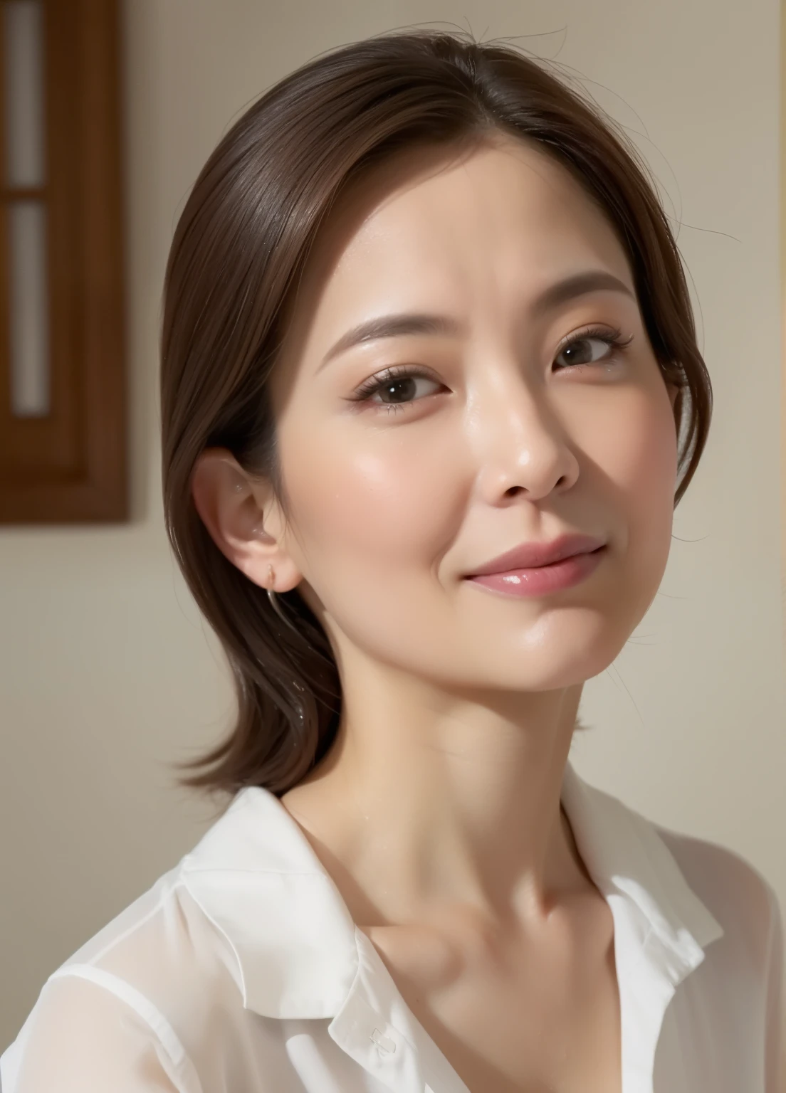 masterpiece,best quality, (milf:1), accurate anatomy, ((close up:1.5)), ((Looking at the Viewer, open mouth:0.75)), ((your chin up:1.3)), cross arms, wet white shirt, ((seductive expression)), friendly, in room