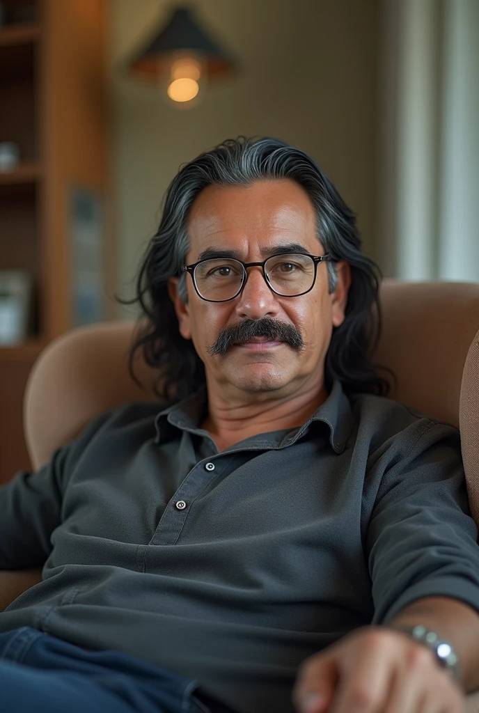 (photorealism:1.2), 33 year old man, with mustache, long black hair with some gray, With glasses, weight of 65 kilos, medium build, Latin American, Chilean, sitting in an armchair, Simple, average