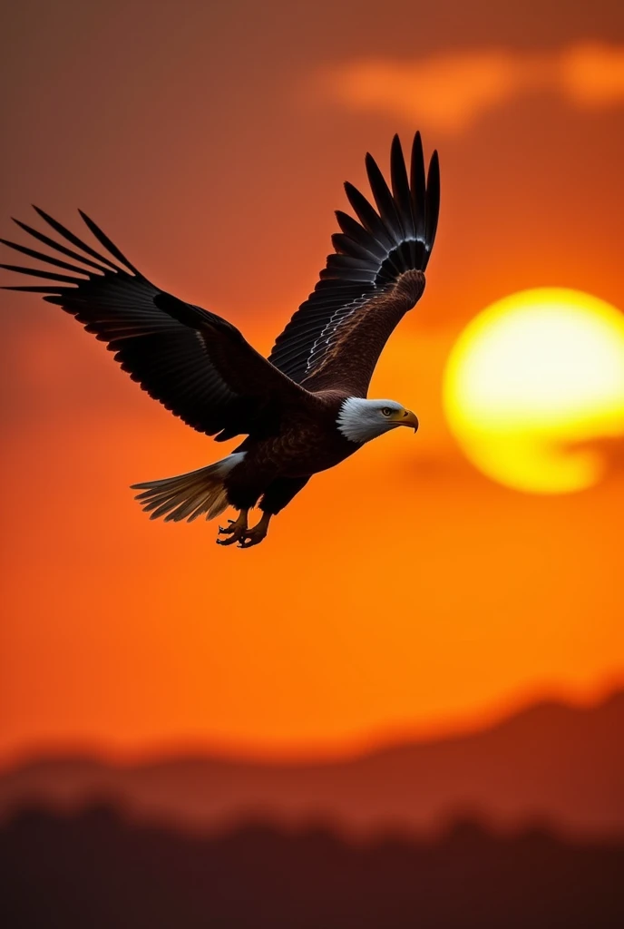 American bald eagle, fully spreading it's wings on flight, sunset, full body sun captured in between its wings, national geographic photography, Canon EOS R5/ EF600mm  , Aperture-priority AE (f/8, 1/500 sec)/ ISO 250