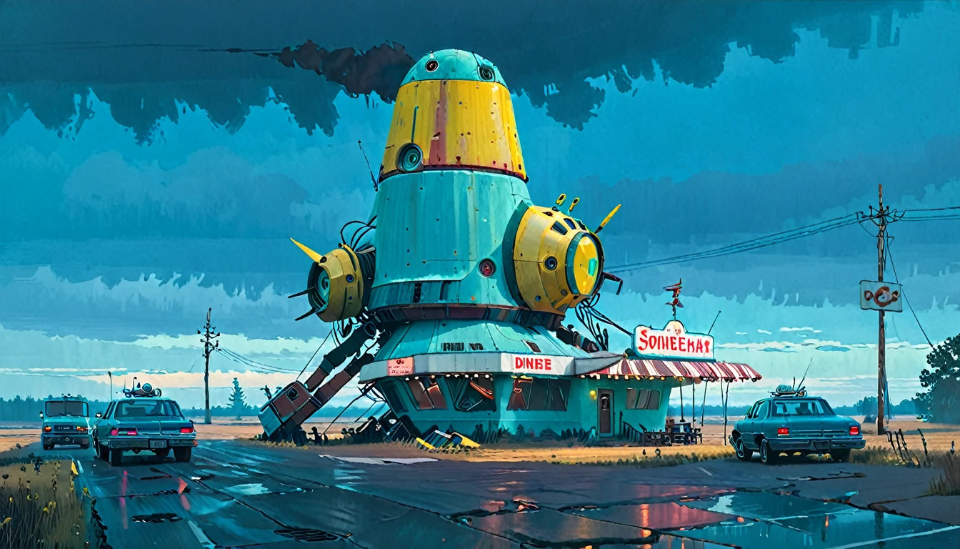 (lora:21Stalenhag:1),(masterpiece), (best quality), (ultra-detailed), (best illustration), (best shadow), (absurdres),((draw by Simon Stlenhag)), ((draw by Simon Stlenhag)), Simon Stlenhag style,SIMON STÅLENHAG,a group of broken monoliths,robot, country street by Simon Stlenhag,american diner on the far behind,spaceship in the sky