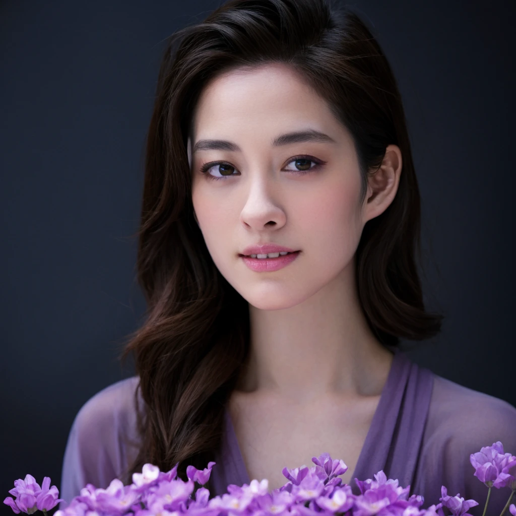 1girl, quite a bit body, ultrarealistic digital photo render art of a beautiful gorgeous young cute Japanese woman, 24yo., looking at viewer, detailed face, Realistic texture human skin, bright glowing face, curved eyebrows, droopy hooded eyes, low nasal bridge, wavy nose, wind tousled bob hair, (((young Marion Cotillard blended face mixed with young Anne Hathaway))), emerging from the heart of a large glass Lavender. Bright smile. Its petals, shimmering like teardrops in the moonlight, unfurl to reveal her ethereal form. Her long hair flows like shadows, cascading around her like liquid night, illuminated by the soft glow emanating from the glass Lavenders. enduring power of nature, neon light magenta body suit nightgown,