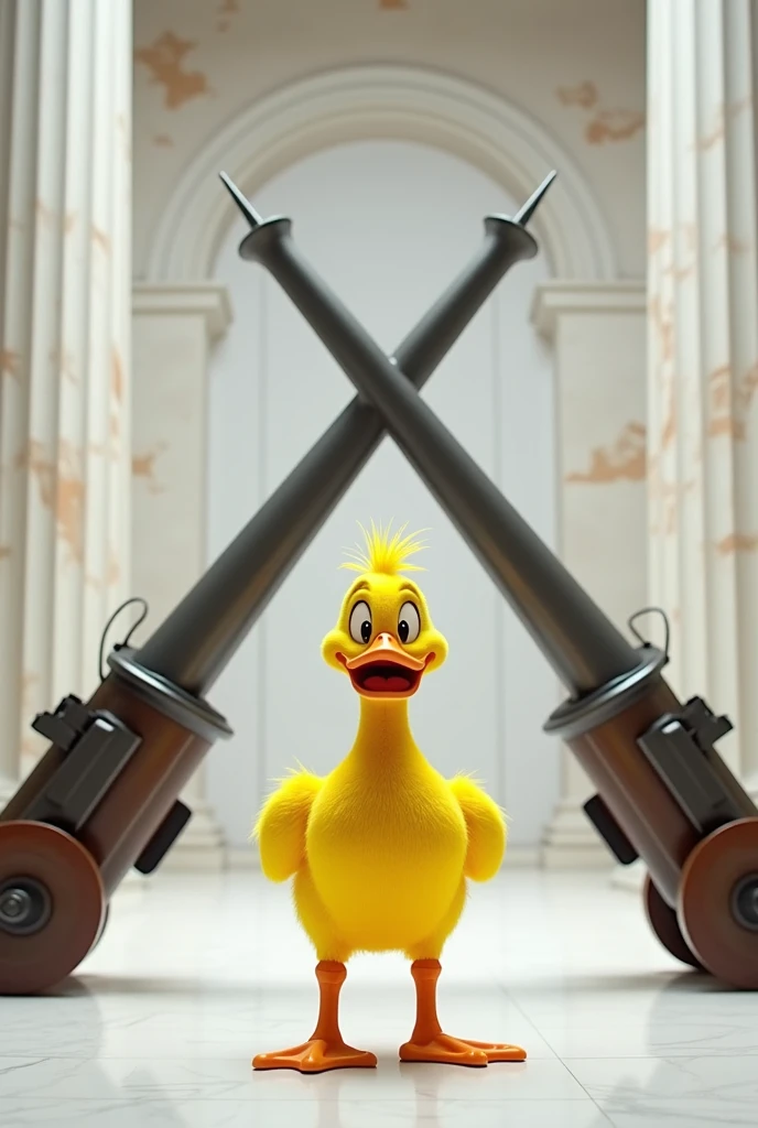 Two crossed cannons, that form the figure of a "X", behind the golden cannons there is a white background, looks like a classical greek white wall, the cannons are being held by a ferocious duck, like the one in looney toones