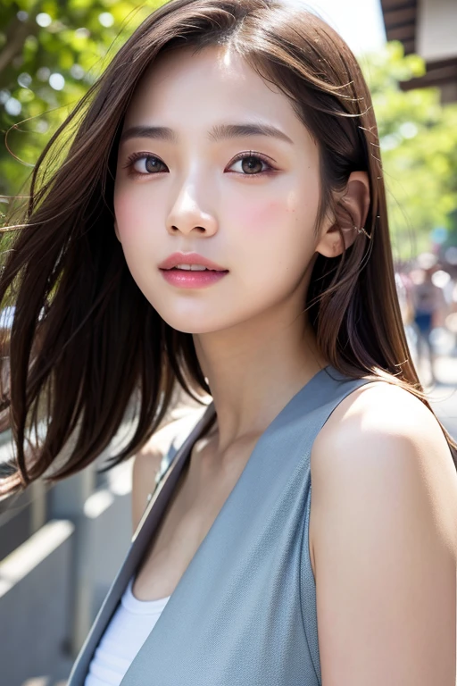 With the alleys of Kyoto in the background、18-year-old girl、independent、look forward to、Light eye makeup、Brown Hair Color、flat 、Hair blowing in the wind、Quality of actress、Shiny, Ultra-realistic faces、smileの表情、Watery eye、look up、Pleasant lighting effects、 Ultra-Realistic Capture、Very detailed、High resolution 16K human skin closeup。Skin texture must be natural、Must be so detailed that pores are visible、skin is healthy、There must be a unified tone、Use natural light and colour、High quality photos taken by modeling agencies&#39;Exclusive photographer、smile
