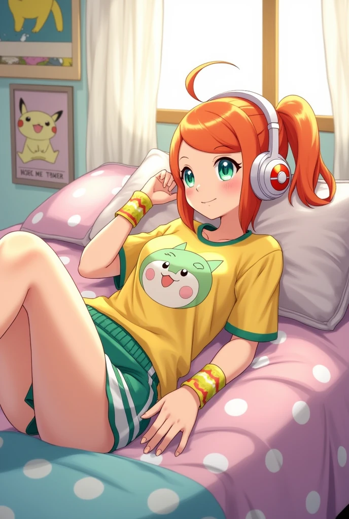 Draw Misty from Pokémon in a room lying on her bed listening to music with pokeball shaped headphones.
Misty has short hair tied back in a ponytail on the right side of her head; Her eyes are green.
She's wearing a yellow shirt with a Togepi design and athletic shorts.