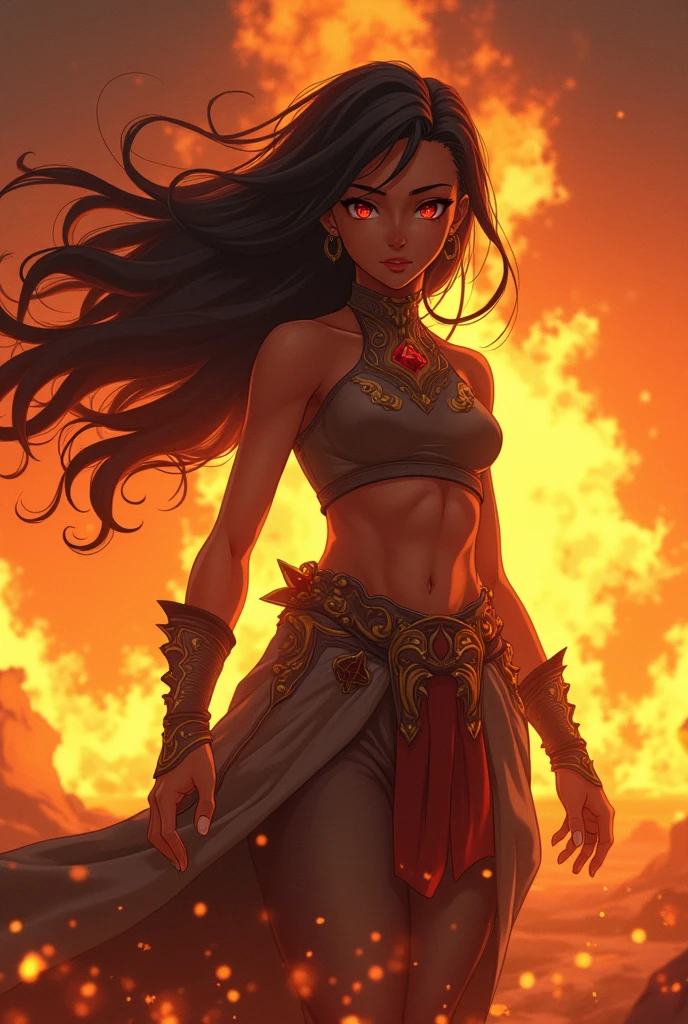 Create a powerful and emotionally charged image of a black anime woman in the anime style of Aaron McGruder standing amidst a backdrop of roaring flames. Her stance is strong and determined, with glowing embers swirling around her. The flames illuminate her dark skin, making it glisten with a radiant glow. Her eyes are filled with resolve, reflecting the fire around her, while her hair flows wildly as if caught in the heat. She is adorned in a battle-worn yet regal outfit with intricate patterns, symbolizing strength and resilience. The background should show a landscape of both destruction and hope, with the fire representing challenges she has overcome and a glimpse of the dawn breaking in the distance, symbolizing the new beginnings that await her. The scene should be vibrant, dynamic, and full of emotional depth, capturing the essence of triumph and perseverance