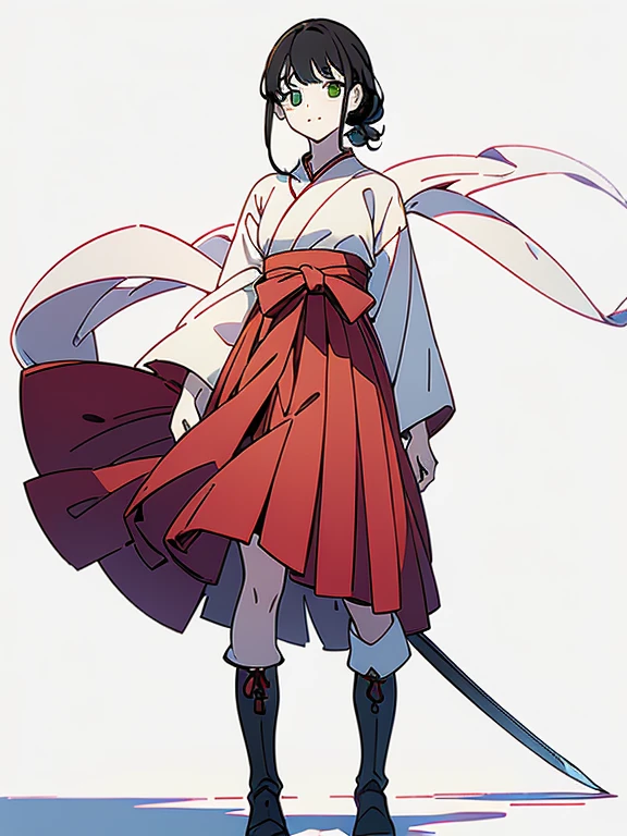 ((((masterpiece, Best Quality, Ultra-high resolution、Best illustrations))))、((Portrait of a person standing against a white background))、anime、A highly concentrated individual、(Very delicate and cute face)、(Sparkling Eyes)、A beautiful 18-year-old shrine maiden girl stands alone、smile、Red cheeks、Medium length black hair、Clean green eyes、Long red hakama、Knee-high boots、He is wearing a wooden sword at his waist.、Standing straight, facing slightly ahead.、((Perfect hands))、