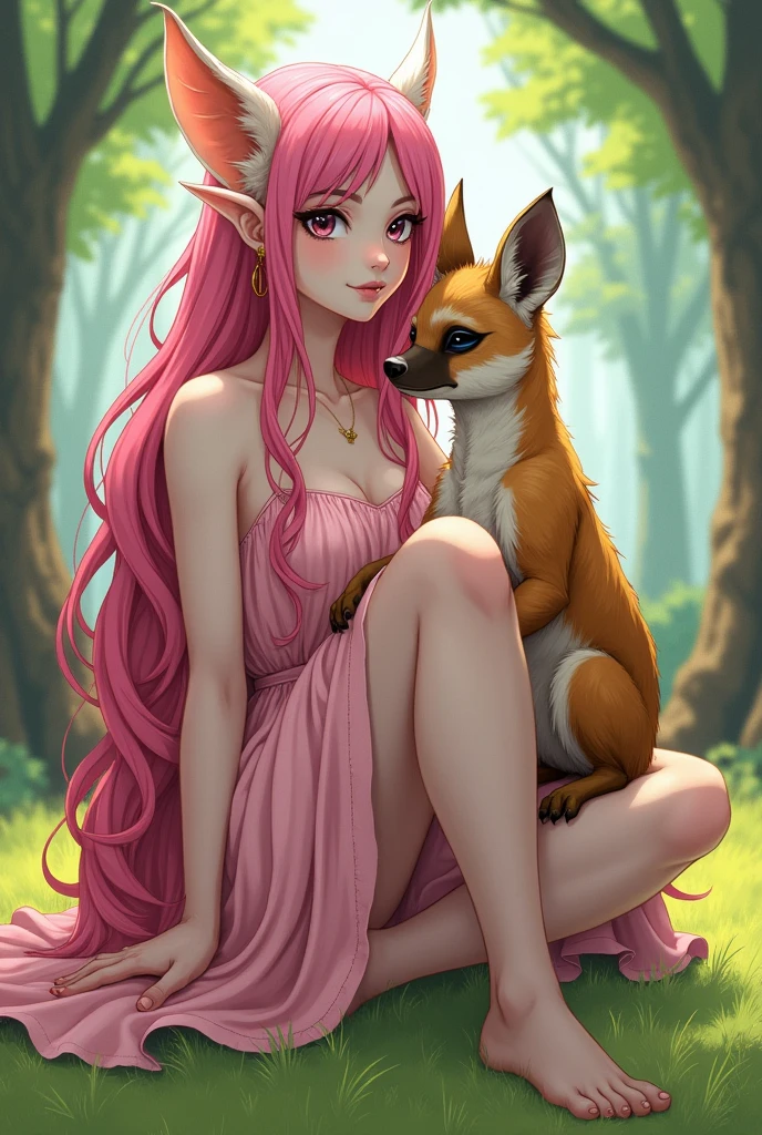 draw me anime style drawn. a giant elf with pink hair and hair, White skin, that she is barefoot and wears a pink dress. She should be sitting on the ground, and on her leg there should be a female humanoid hyena in a furry style., with muscular body, Fighting traits, an eye patch, fur covering like hyenas and she is wearing a dress.