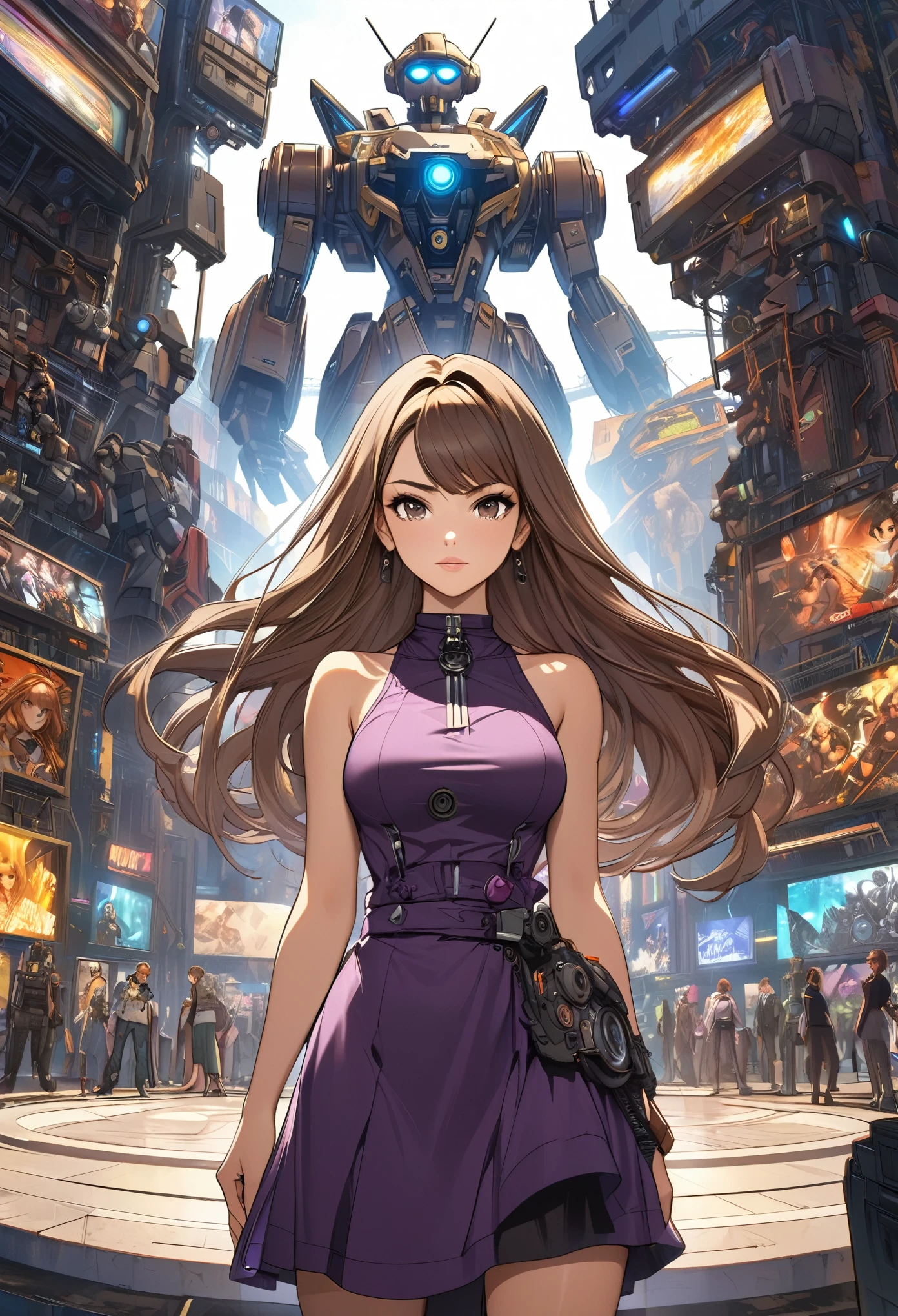 A woman in a dress stands in front of a giant robot, Don Mights, Portrait of Sofia Vergara, Promotional Art, Attractive brown haired woman, Retropunk, The protagonist in the foreground, Inspired by Louis Paul, Mechanic, Young woman anime visual, Compute Shaders, Inspired by Donato Giancola, Youtube thumbnails, Chrome Art  