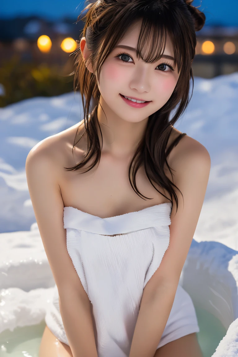 18year old, a beauty girl, White kimono、FULL BODYSHOT, Smaller chest, bangss、NSFW、nudde、A smile、snowscape、poneyTail