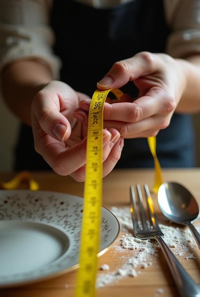 A person's hands entangled with a measuring tape with a plate in the background and cutlery
