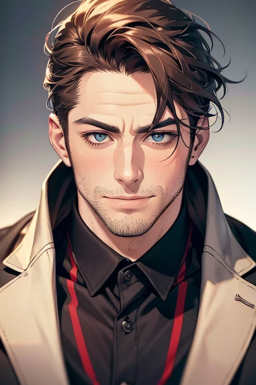 (best quality,4k,8k,highres,masterpiece:1.2),ultra-detailed,(realistic,photorealistic,photo-realistic:1.37),30 year old man,3 day beard,handsome anime,portraits,strong,masculine,dark hair,sharp jawline,mesmerizing eyes,perfectly styled hair,cool anime outfit,confident expression,vibrant colors,dynamic lighting, CEO and expression smile in love.
