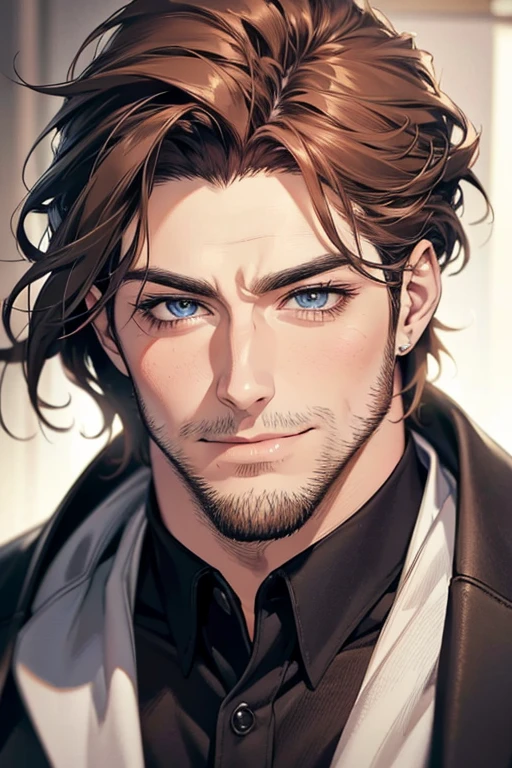 (best quality,4k,8k,highres,masterpiece:1.2),ultra-detailed,(realistic,photorealistic,photo-realistic:1.37),30 year old man,3 day beard,handsome anime,portraits,strong,masculine,dark hair,sharp jawline,mesmerizing eyes,perfectly styled hair,cool anime outfit,confident expression,vibrant colors,dynamic lighting, CEO and expression smile in love.