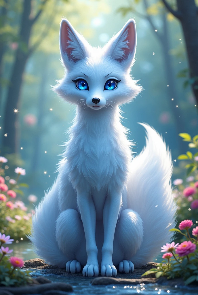 Big and beautiful white and blue nine-tailed anime fox