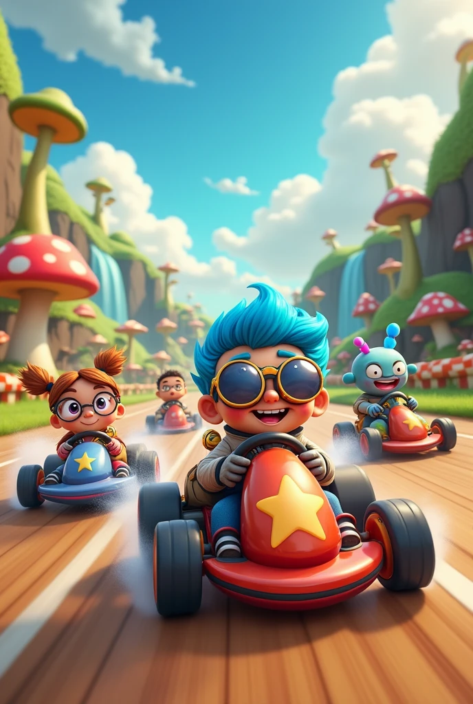 Crée-moi une bande de personnages en karting inspiré de Mario kart mais libre de droit d'auteur