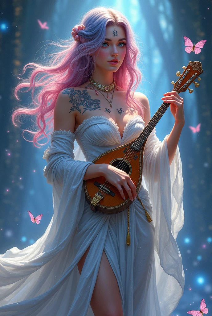A very sexy girl with long very pink and blue hair, her skin is quite white and delicate, being covered with tattooed magic runes and a brilliant golden dust, Your eyes have heterochromia.. She wears the robes of a beautiful elegant muse and also likes to wear high heels, She is of noble origin and is the daughter of a genius. She is an adventurer and loves music, ela é uma barda e está sempre com your mandolin em mãos assim como sua bela espada, your mandolin, sword and hair are always surrounded by butterflies, She also wears a ruby ring., Your high heel is very delicate..