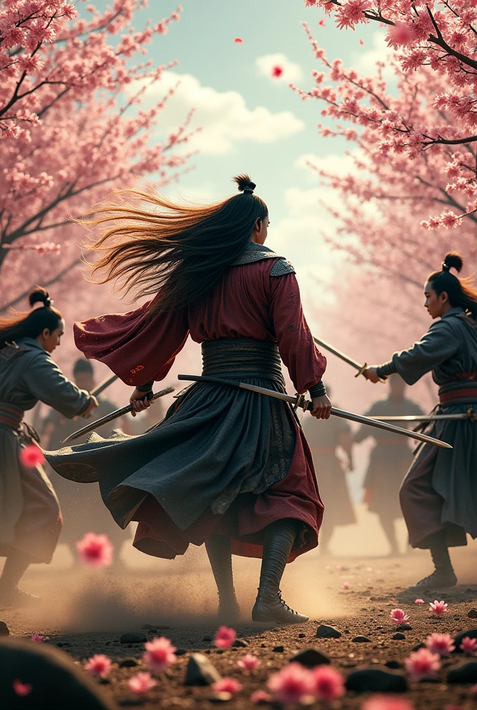 A long-haired ronin, his hair flowing like a woman's, with a lean and confident build, fighting alone, dueling SOLO against multiple men in the Sengoku era.