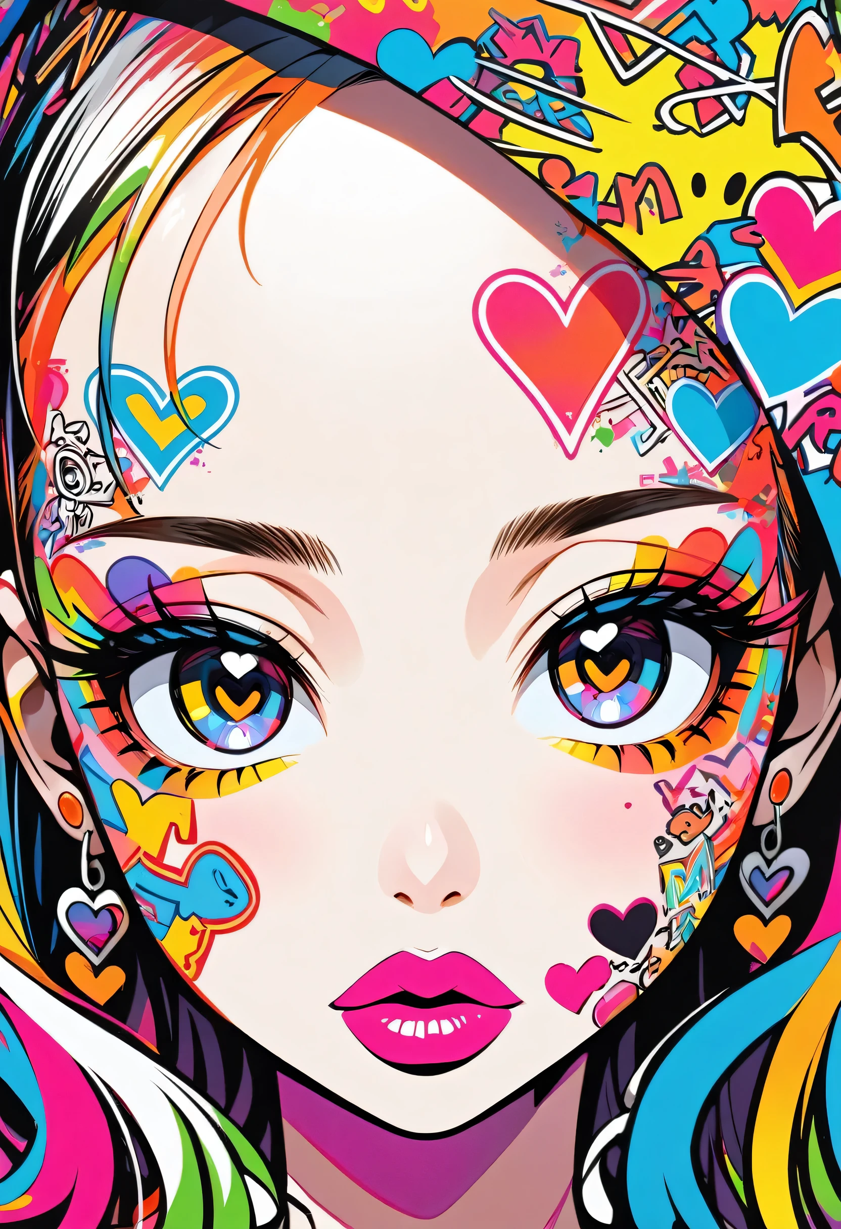 Ultra-realism Keith Haring colorful style, Simple Line Initialism，Abstract art，(((The most beautiful girl of all time))), Sweet face. Lips in love, colorful hearts, stylish design, Summer Skull fashion, Dark Eyes, The background is filled with colorful graffiti.
