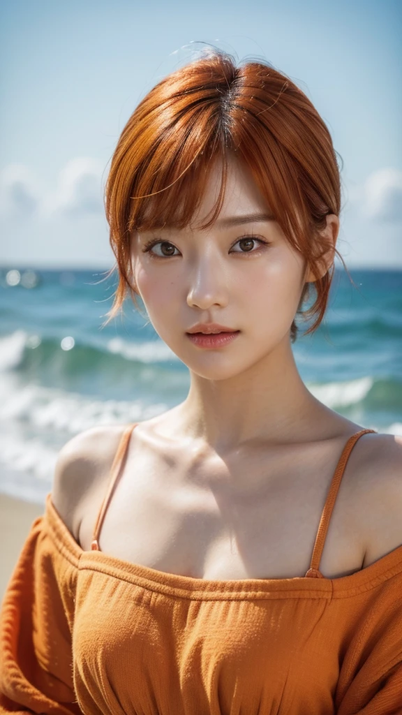 Model actress、One Woman、cool、Japanese and half European、Close-up of face、30 generation beauty、Realistic Skin、4K images、bright orange hair、Short Hair、Seaside