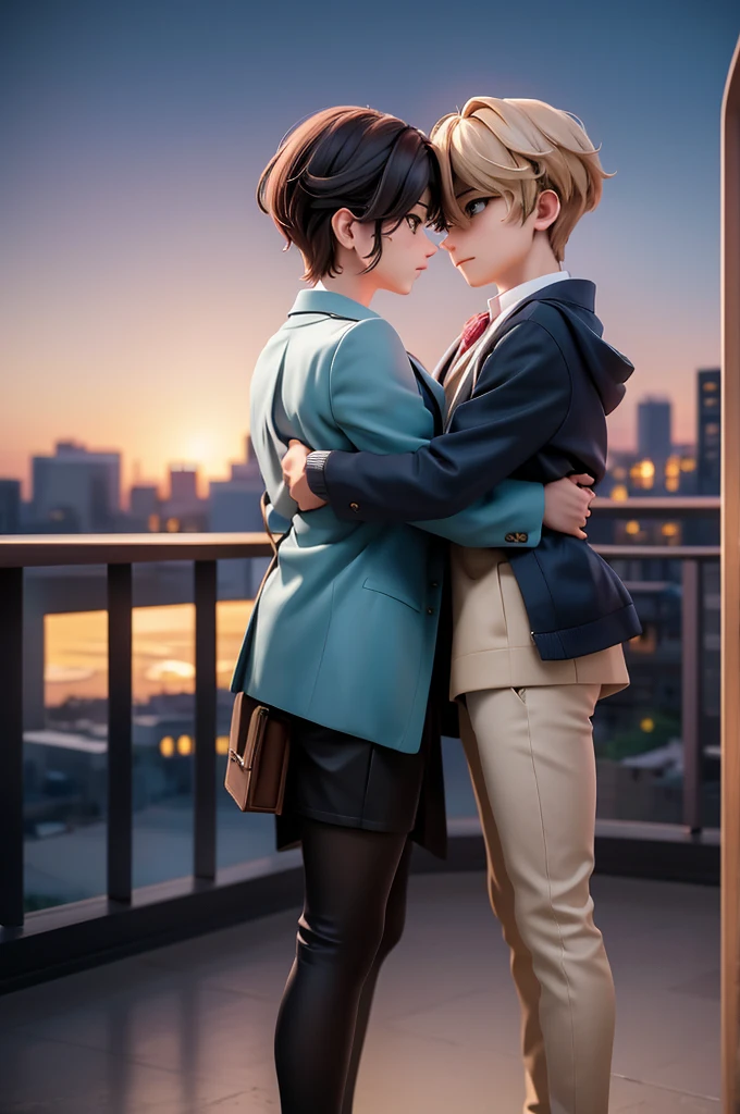 Can you make me a book cover where two people are falling in love and meeting again as doctor and patient?, One of the boys is Taehyung from BTS and the other is Jungkook from BTS, You can place them on a balcony at night , The image is facing forward, It's like they are talking but they are not close to each other, They are looking towards the front of the city and they are not looking at each other, They are casually dressed, A romantic love story between a man and a woman